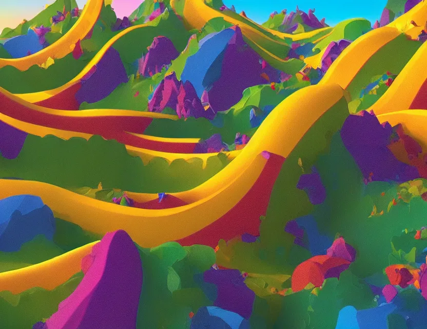 Prompt: banana split mountains. award - winning 3 d animation by an indie studio, rimlighting, depth of field, limited but vibrant palette, intricate details, impressionism, chiaroscuro, bokeh.