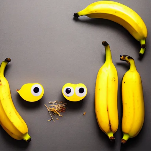 Image similar to professional photograph of banana ducks, peeled bananas with googly eyes and duck beaks