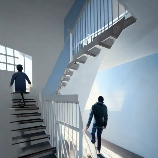 Image similar to a man going into heaven with his wife and children through stairs which is connecting his house to heaven , concept art trending on artstation, glowing effect, golden ratio, rule of thirds, illustration, digital painting, hyperreal, hyperdetailed, 8k