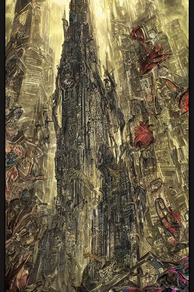 Prompt: Menacing tower, maximalist, high detail, 8k, ornate, dark fantasy, realistic, masterpiece, Trending on art station, complex, tarot card WLOP