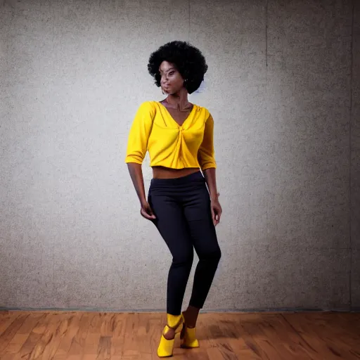 Image similar to Studio portrait of fashionable female professional dancer, dark skin, short curly hair, yellow pants, red top, expressive posture