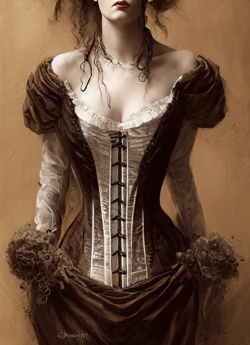 Image similar to portrait of a beautiful Victorian female ghost in a corset, intricate, elegant, highly detailed, centered, digital painting, artstation, concept art, smooth, sharp focus, illustration, artgerm, donato giancola, Joseph Christian Leyendecker, WLOP, Artgerm