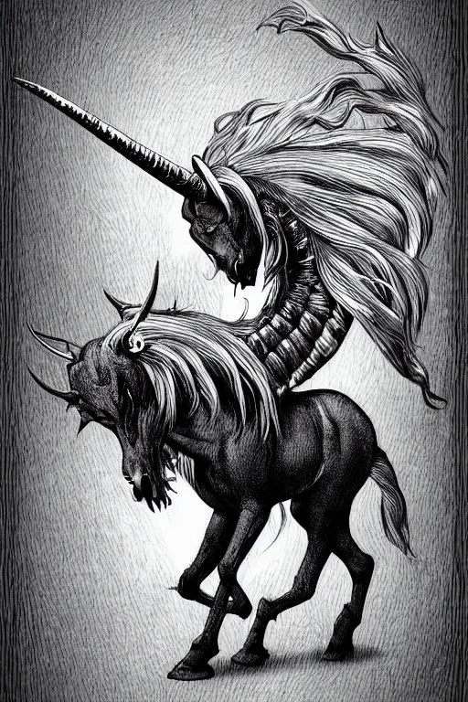 Image similar to demon horse with a narwhal horn, symmetrical, highly detailed, digital art, sharp focus, trending on art station, kentaro miura manga art style