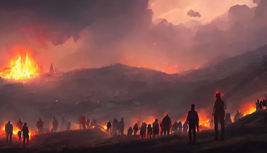 Image similar to people on a hill watching humongous explosion in the distance, fire, ashes and smoke columns at night, hyperdetailed, artstation, cgsociety, 8 k