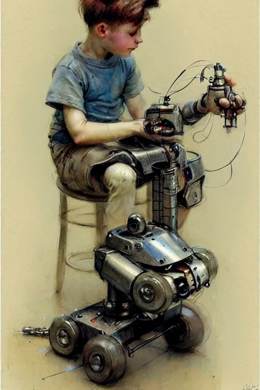 Image similar to (((((1950s a boy working on his robot . muted colors.))))) by Jean-Baptiste Monge !!!!!!!!!!!!!!!!!!!!!!!!!!!