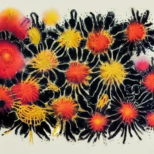 Image similar to a painting of a bunch of flowers on a black background, an ultrafine detailed painting by otto piene and ross bleckner, behance contest winner, nuclear art, biomorphic, dye - transfer, calotype