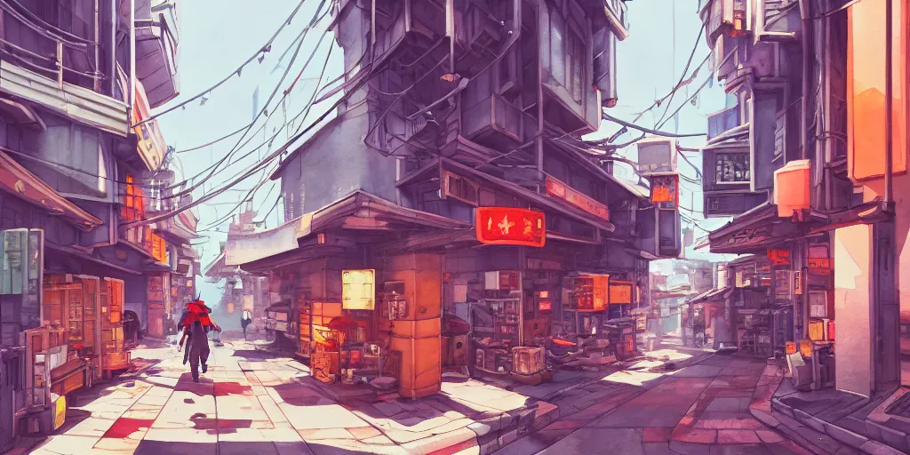 Image similar to japanese downtown, architecture, tokyo street, stylized, alleyway, in watercolor gouache detailed paintings, artstation, 8 k, big medium small, overwatch building, insanely detail, arcane, simon stalenhag, cyberpunk, food stall