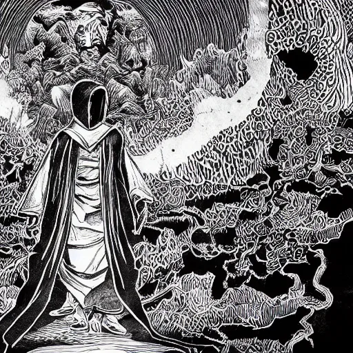 Image similar to a dark figure in a flowing robe haunts the end of time, featured, detailed, 4k, intricate lines