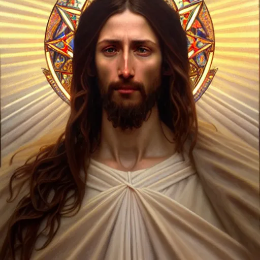 Image similar to portrait painting of a divine mercy of jesus, ultra realistic, concept art, intricate details, highly detailed, photorealistic, octane render, 8 k, unreal engine. art by artgerm and greg rutkowski and magali villeneuve and alphonse mucha