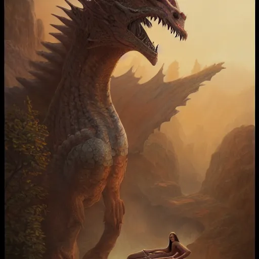 Prompt: a photorealistic painting of a woman and a dragon, a matte painting by christophe vacher, featured on deviantart, fantasy art, matte painting, storybook illustration, 2 d game art. extremely detailed. realism. symmetry. photorealism. award winning masterpiece. octane render. unreal engine.