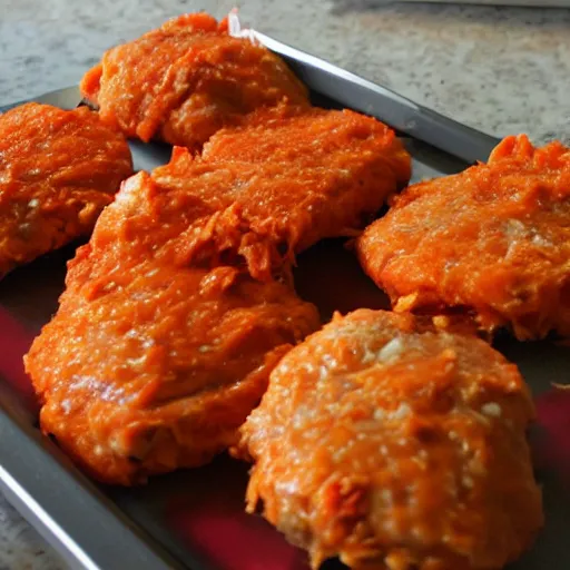 Image similar to freezerburnt buffalo chicken patties that my spouse just pulled out of the freezer