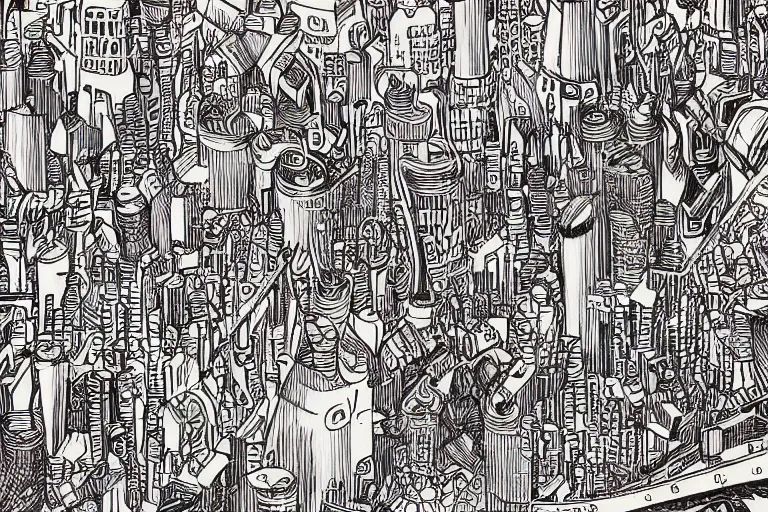 Image similar to an elaborate penned child illustration of a colorful intricate connected city of tubes and pipes, by martin handford and by jan van haasteren