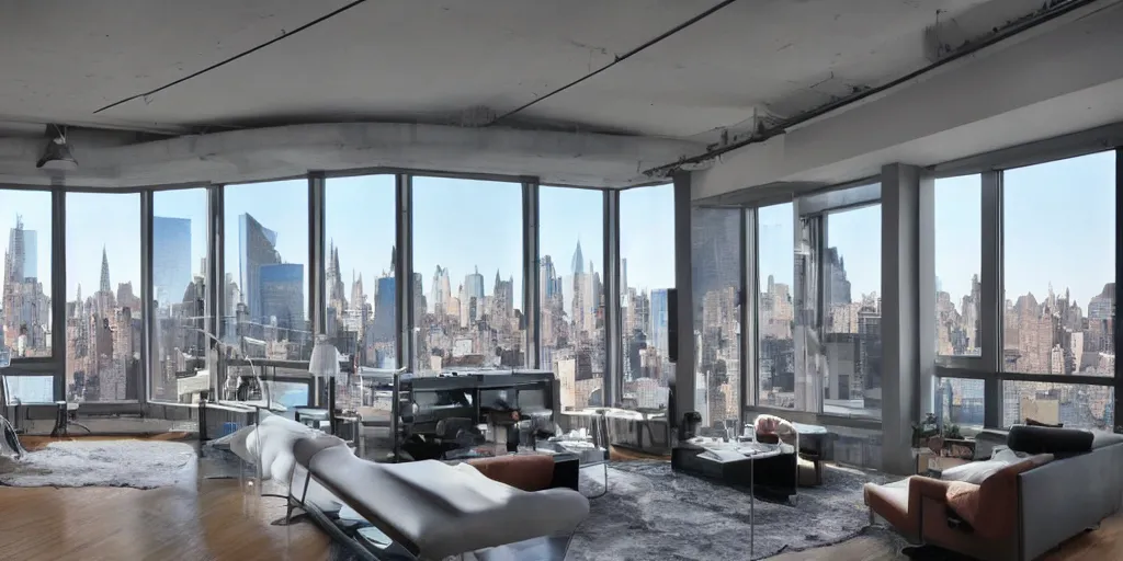 Prompt: futuristic modern apartment loft big windows new york