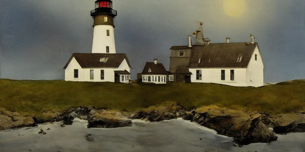 Image similar to a painting by Andrew Wyeth, lighthouse and house in front of the sea, artstation