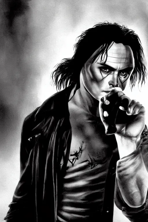 Prompt: detailed 4 k photorealistic brandon lee in the crow movie footage in the style of nick ut and eddie adams and margaret bourke and yousuf karshs and alfred eisenstaedt