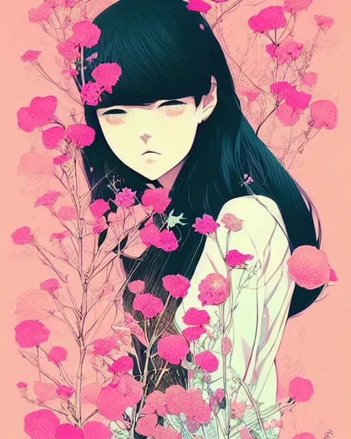 Image similar to girl next to floral bomb, detailed manga illustration!! intricate details, beautiful perfect face, perfect body, aesthetically pleasing pastel colors, poster background, aesthetic details, art by conrad roset and ilya kuvshinov