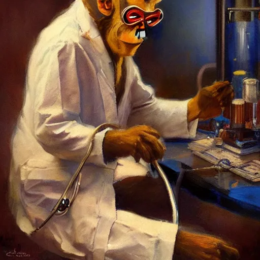 Prompt: portrait of a monkey doctor working in a chemical lab, artwork by gaston bussiere, craig mullins, trending on artstation, monkey dressed as a scientist, using googles and wearing a doctor coat