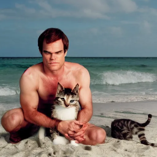 Image similar to dexter morgan snuggling a kitten on the beach in miami high resolution award winning photo