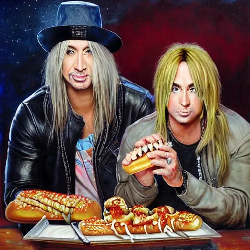 Image similar to portrait of brett michaels and criss angel sharing hotdogs, an oil painting by ross tran and thomas kincade