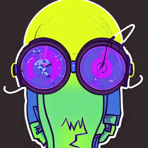 Image similar to svg sticker of a Pop-Wonder Alien-Bog-Monster-Swamp-Rat-Thunder-Coot-Racing-Fan at a rave, spinning records, giant headphones rocking out, wearing headphones, huge speakers, dancing, rave, DJ, spinning records, digital art, amazing composition, rule-of-thirds, award-winning, trending on artstation, featured on deviantart