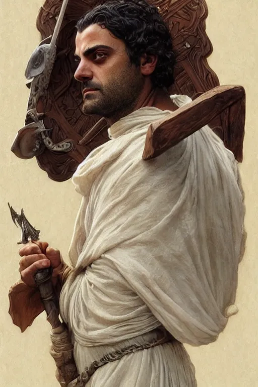 Image similar to Oscar Isaac, druid, cleric, flame spell, D&D, fantasy, intricate, cinematic lighting, highly detailed, beautiful, digital painting, artstation, masterpiece, concept art, smooth, sharp focus, illustration, art by Artgerm and Greg Rutkowski and Alphonse Mucha and william-Adolphe Bouguereau