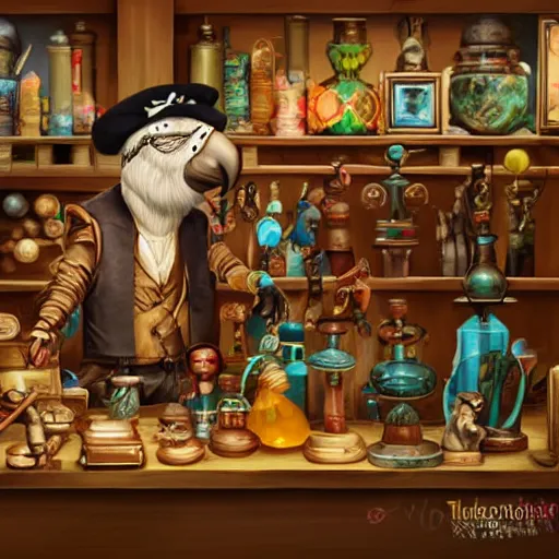 Image similar to Anthropomorphized parrot trader in his shop, selling his wares, portrait, items, weapons, magic potions, trinkets, carpet, lamps, window, fancy hat, sly expression, cunning expression, cute expression, long thick shiny black beak, D&D, fantasy, cinematic lighting, highly detailed, digital painting, artstation, concept art, smooth, sharp focus, illustration, warm light, cozy warm tint, magic the gathering artwork, volumetric lighting, 8k, art by Akihiko Yoshida, Greg Rutkowski