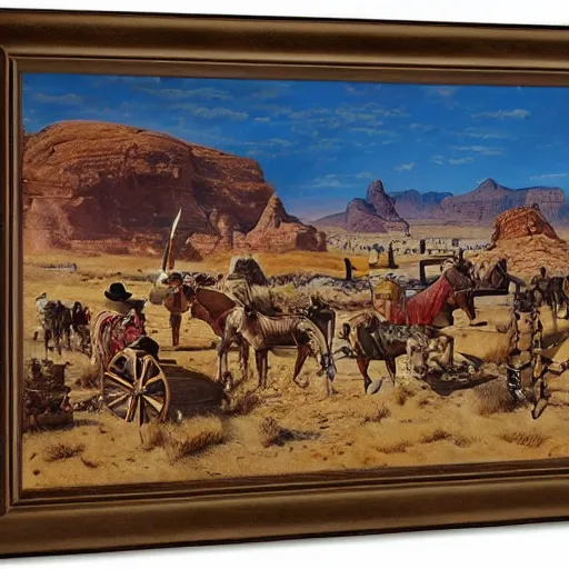 Prompt: The wild west dessert, by rowena morrill, extreme detail, wide angle, long shot