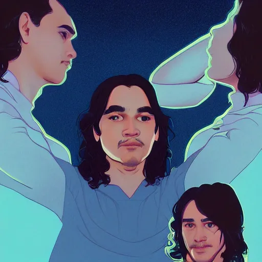 Image similar to Carlos Valdes and Frank Dillane brushing each other's hair, trending on patreon, deviantart, twitter, artstation, volumetric lighting, heavy contrast, by artgerm and Ilya Kuvshinov and alphonse mucha