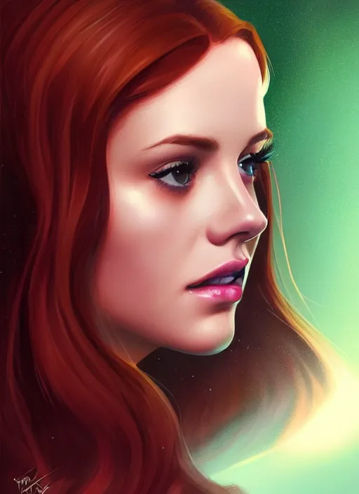 Image similar to full body portrait of teenage cheryl blossom, bangs, green eyes, mischievous expression, red hair, sultry smirk, bangs and wavy hair, intricate, elegant, glowing lights, highly detailed, digital painting, artstation, concept art, smooth, sharp focus, illustration, art by wlop, mars ravelo and greg rutkowski