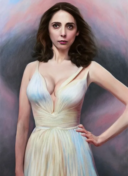 Image similar to Greek goddess Alison Brie in her best gala clothes staring in amusement at you. soft detailed painting at 16K resolution and amazingly epic visuals. epically beautiful image. amazing effect, image looks gorgeously crisp as far as it's visual fidelity goes, absolutely outstanding. vivid clarity. ultra detail. iridescent. mind-breaking. mega-beautiful pencil shadowing. beautiful face. Ultra High Definition. soft shading. soft texture. intensely beautiful.