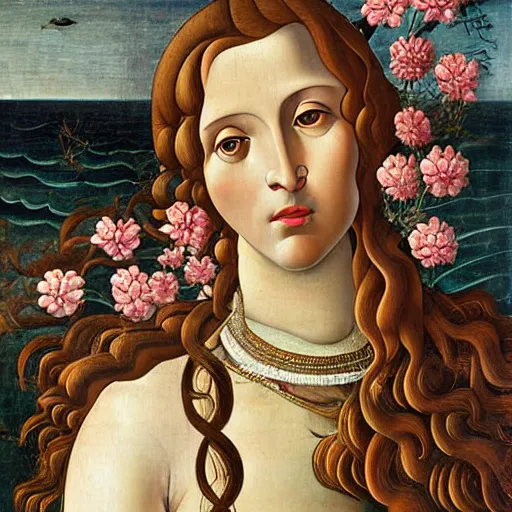 Image similar to an ultradetailed mythological oil painting of a beautiful woman with long brown hair, full body, wearing pink floral chiton, lying within a giant scallop shell, near the seashore, intricate lines, elegant, renaissance style, by sandro botticelli