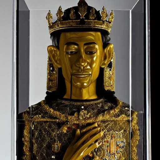 Prompt: a completely transparent glass cube in which the king's body has been perfectly preserved and very lifelike. he is dressed in all casual regal garments. his body is beautifully preserved and the display is magnficent. the display is in the darkness of the catacombs and is beautifully lit, he has natural color and is posed in a relaxed way.
