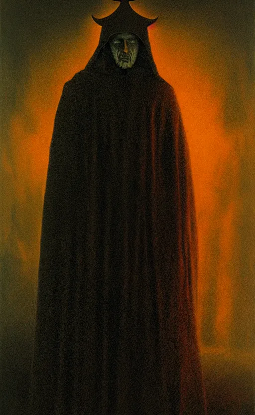 Prompt: an old priest in templar armor, king of hell, in the style of zdzislaw beksinski, glowing light and shadow, hyperrealist