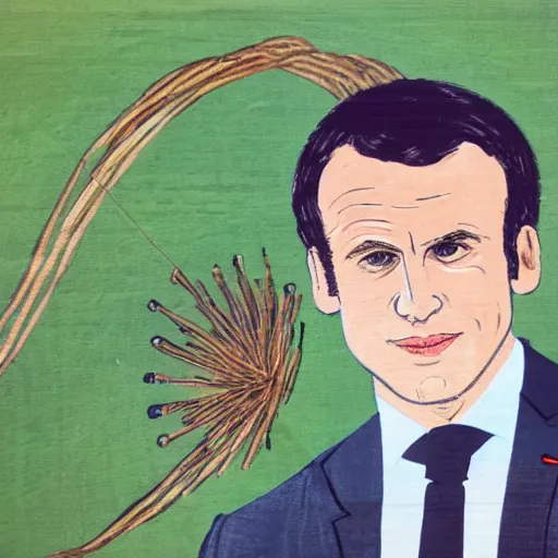 Prompt: a portrait of emmanuel macron wearing a straw hat in a scenic environment, traditional japanese art