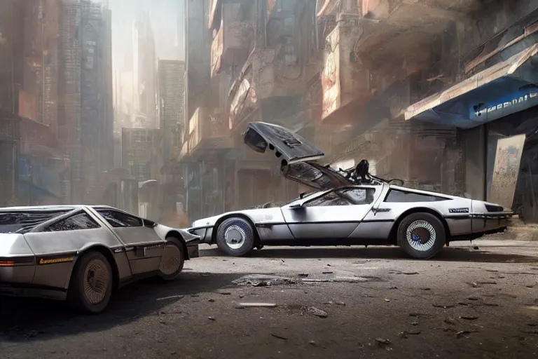 Image similar to highly detailed photorealistic rendering of a delorean parked on the streets of a cyberpunk abandoned city, driver side gullwing door is open, futuristic post - apocalyptic vibe, by greg rutkowski and stanley artgerm and alphonse mucha, octane, sharp focus, hyperrealistic, unreal engine 5, vray, masterpiece