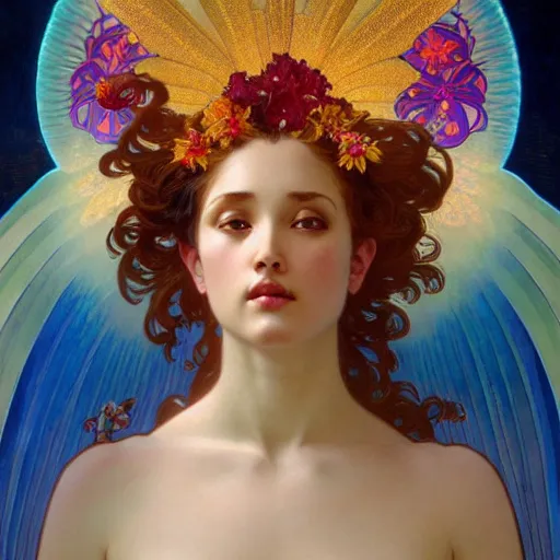 Image similar to a beautiful orchid phoenix angel woman, in an ornamented dress with large, volumetric light, god rays, 8 k high resolution, rubies, by alphonse mucha, artgerm, greg rutkowski