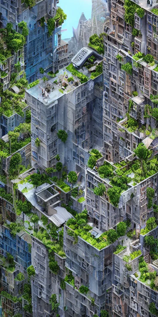 Prompt: an isometric of a skyscraper city built into the side of a cliff, a detailed matte painting by wes anderson, morphosis, daniel libeskind, nature meets architecture, cgsociety, fantastic realism, matte painting, terragen, artstation hq, clear glass, terraces, balconies, plants