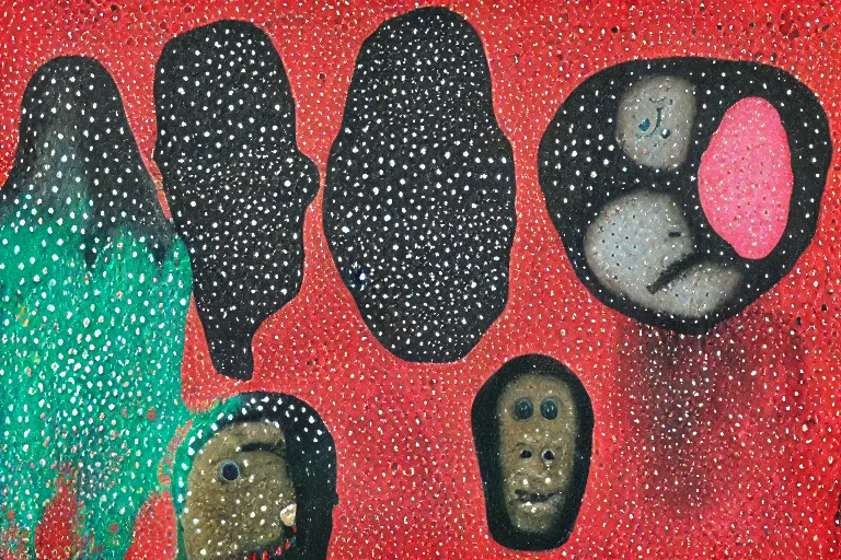 Image similar to teeth, smile, faceless people, black figures, dark, acrylic, clay, dots abstract, dripping, stipple, pointillism, technical, abstract, minimal, style of francis bacon, asymmetry, pulled apart, stretch, cloak, eerie, made of dots, abstraction chemicals, blotter, mask, colored dots, splotch, old painting style