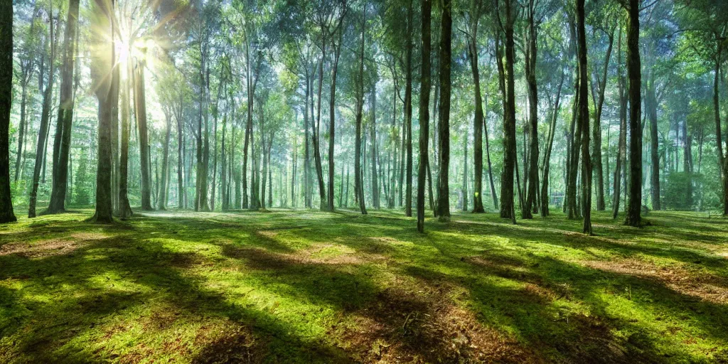 Prompt: immaculate forest with trees spaced as if on a grid between perfectly circular pools of water on the ground, with light flitering through the trees by Studio Ghibli and Salvador Dali, dynamic camera angle, deep 3 point perspective.