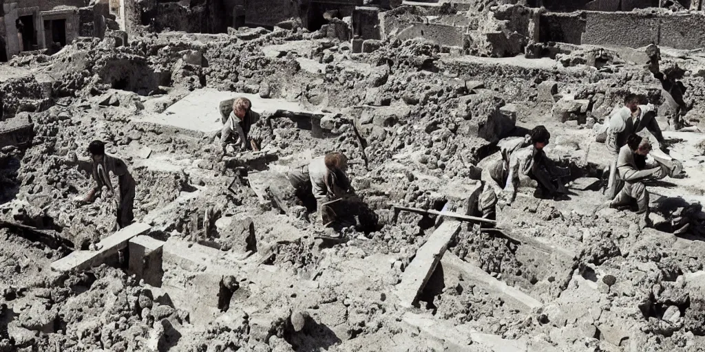 Prompt: Archaeologists Finding a lockheed electra plane Buried in the Ruins of Pompeii, 1983 photo, high quality colored, award winning