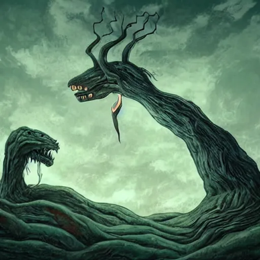 Prompt: A beautiful art installation of a large, looming creature with a long, snake-like body. The creature has many large, sharp teeth, and its eyes glow a eerie green. It is wrapped around a large tree, which is bent and broken under the creature's weight. There is a small figure in the foreground, clutching a sword, which is dwarfed by the size of the creature. Mediterranean, in Japan by James Thomas Watts, by Gerhard Richter somber, sad