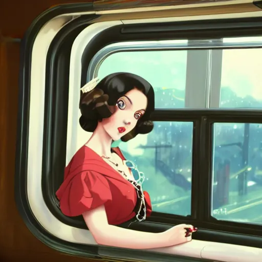 Prompt: portrait of a beautiful girl with dark hair dressed in 1940's fashion sitting in the interior of a train, looking through the window beside her, dieselpunk city outside of window, rich vivid colors, ambient lighting, dynamic lighting, 4k, HQ, official media, anime key visual, makoto shinkai, ilya kuvshinov, lois van baarle, rossdraws, detailed, trending on artstation