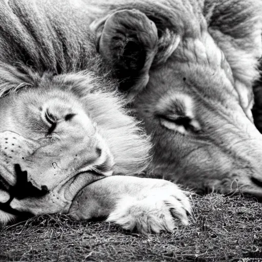 Prompt: a lion and a sheep sleeping together, embraced, fullshot, wallpaper