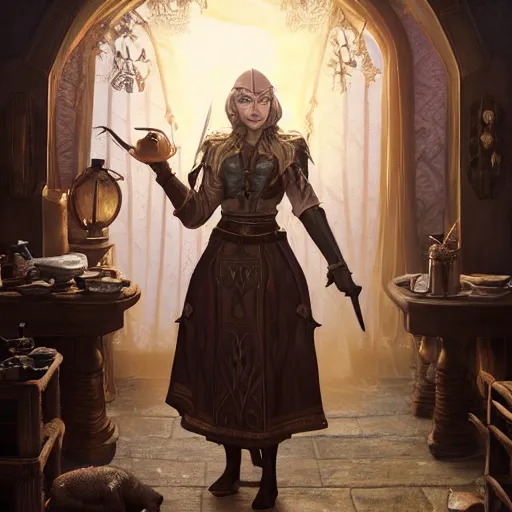 Prompt: the elder scrolls vi majestic gracious high elf merchant portrait, indoors rustic clothing shop, painted, dark room, one point of light coming through the window, atmospheric lighting, painted, intricate, volumetric lighting, beautiful, golden hour, sharp focus, ultra detailed, by leesha hannigan, ross tran, thierry doizon, kai carpenter, ignacio fernandez rios