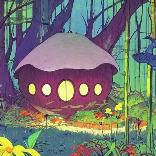 Image similar to A pod home in the forest, bright colors, bloom, cool colors, moody, by Dave mckean and studio ghibli