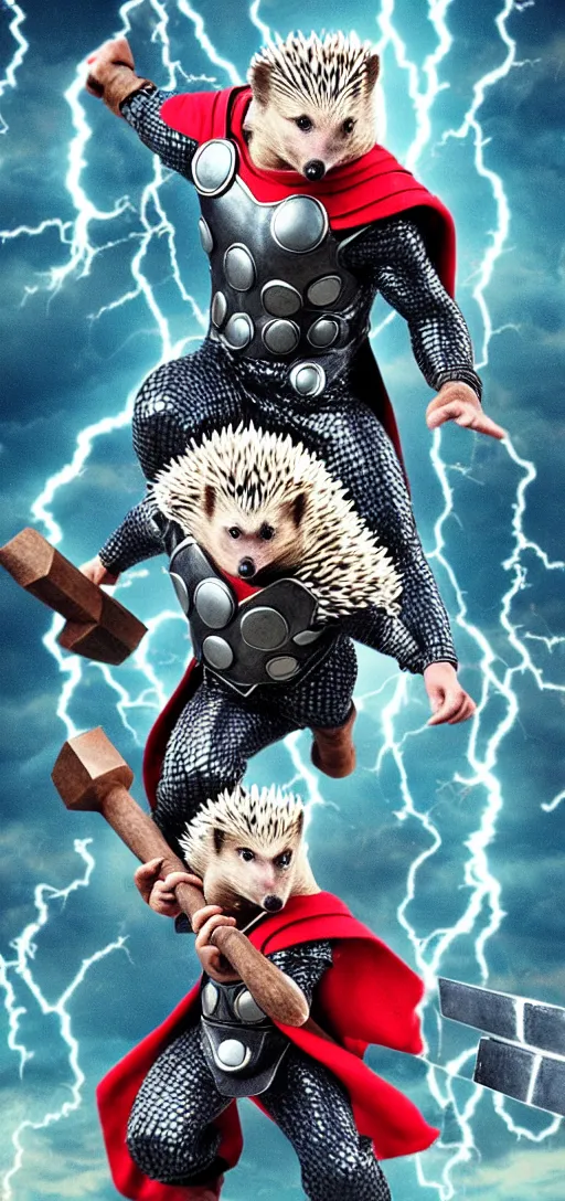 Image similar to the hedgehog thor ~ holding his hammer ~ dramatic thunder background ~ fighting scene ~