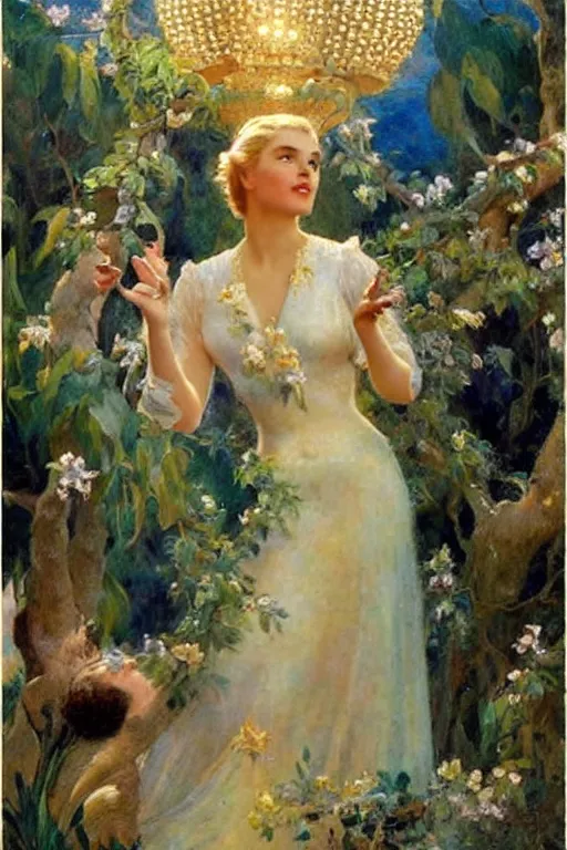 Prompt: Grace Kelly explaining the birds and the bees in the style of Gaston Bussière, art nouveau, art deco. Lush detail. Perfect composition and lighting. Surreal architecture from the future. A shaft of light illuminates her.