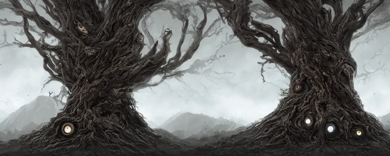 Image similar to a large tree full of eyes relinquished by the mountain, eerie, dark, large scale, breathtaking, mixed media, digital art, trending on artstation, 8k, epic composition, highly detailed, AAA graphics