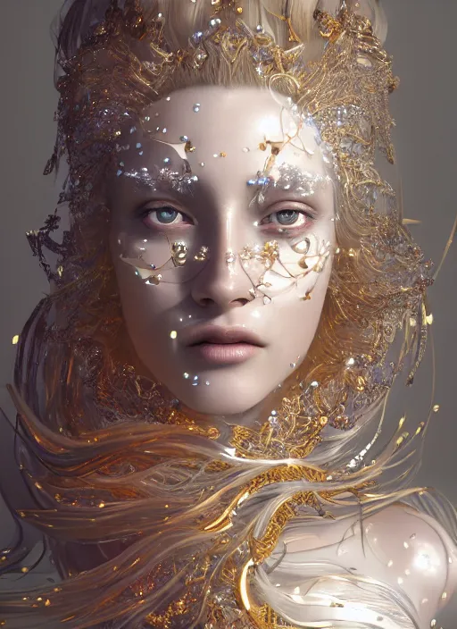 Image similar to beauteous sumptuous white pearlescent iridescent skin on face, crystal, gold, copper, bronze biomechanical with incredible iridescent pearlescent voluminous neon hair, crystalline masterpiece incrustations, hyperdetailed face, elegant pose, movie still, intricate, octane render, cinematic forest lighting, unreal engine, crepuscular rays, god rays