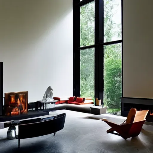 Prompt: a living room filled with furniture and a fire place, an abstract sculpture by maginel wright enright barney, featured on pinterest, modernism, minimal style